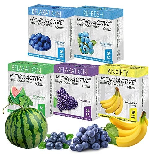 HydroActive Hookah Flavors With Essential Oils, Relaxation Mix Hookah Shisha in Blueberry, Banana, Blueberry Mint, Watermelon Mint, Grape Flavor Set, Hookah Flavors Nicotine Free, 50-Gram 5 Packs