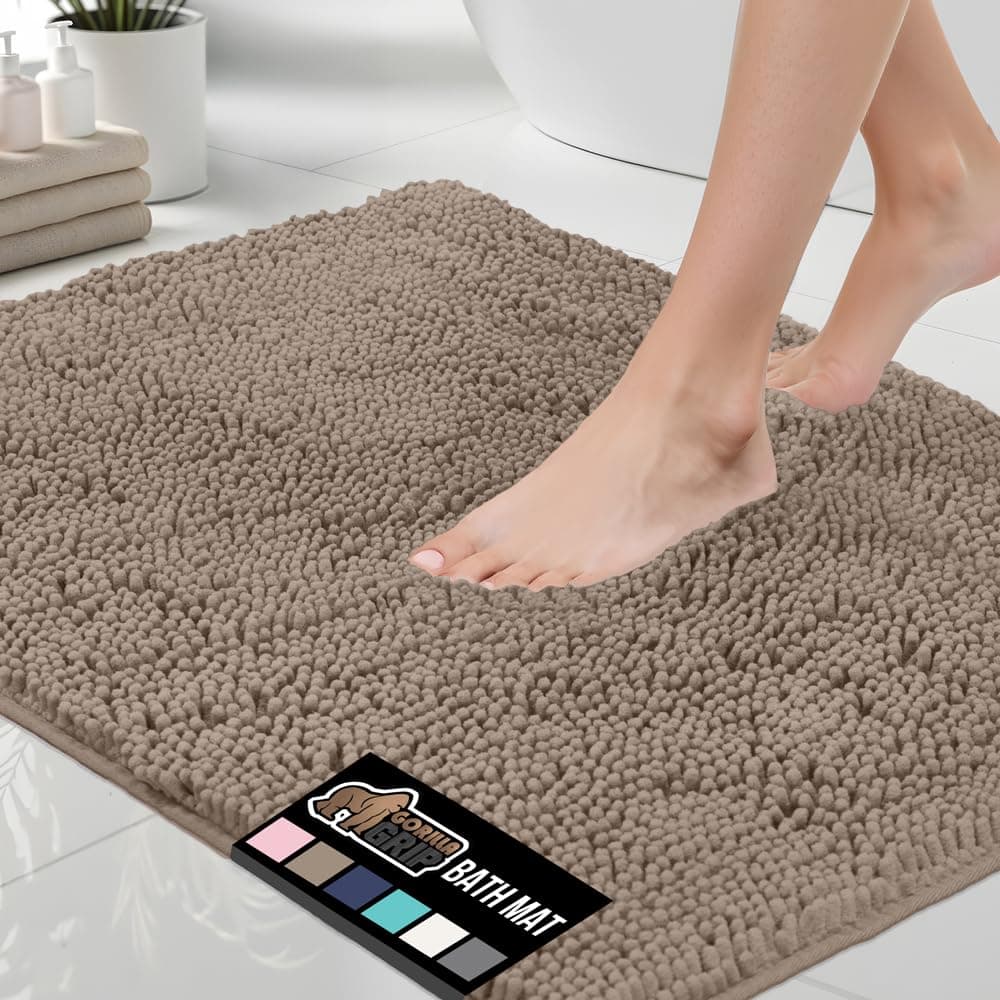 GORILLA GRIP Bath Rug Mat Thick Soft Absorbent Chenille Quick Dry Microfiber Mats Rubber Backing Washable Shower Floor Rugs US Designed Bathroom Bathmat Home Decor Accessories 24x17 Gray Beige