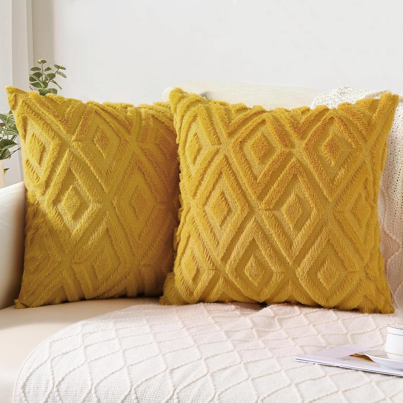 Pallene Soft Faux Fur Throw Pillow Covers 18x18 Set of 2 Plush Wool Decorative Couch Pillow Covers for Sofa Bed Living Room with 3D Diamond Pattern Mustard Yellow