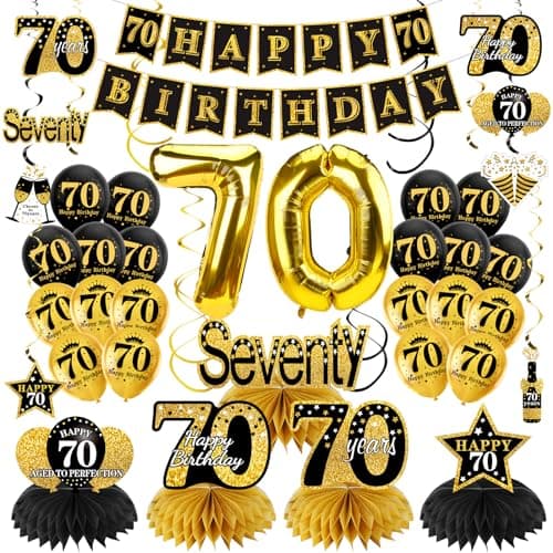 Turypaty 36Pcs 70th Birthday Decorations Kit for Men Women Black Gold Happy 70 Birthday Banner Balloon Honeycomb Centerpiece Hanging Swirl Party Supplies Seventy Year Old Bday Table Topper