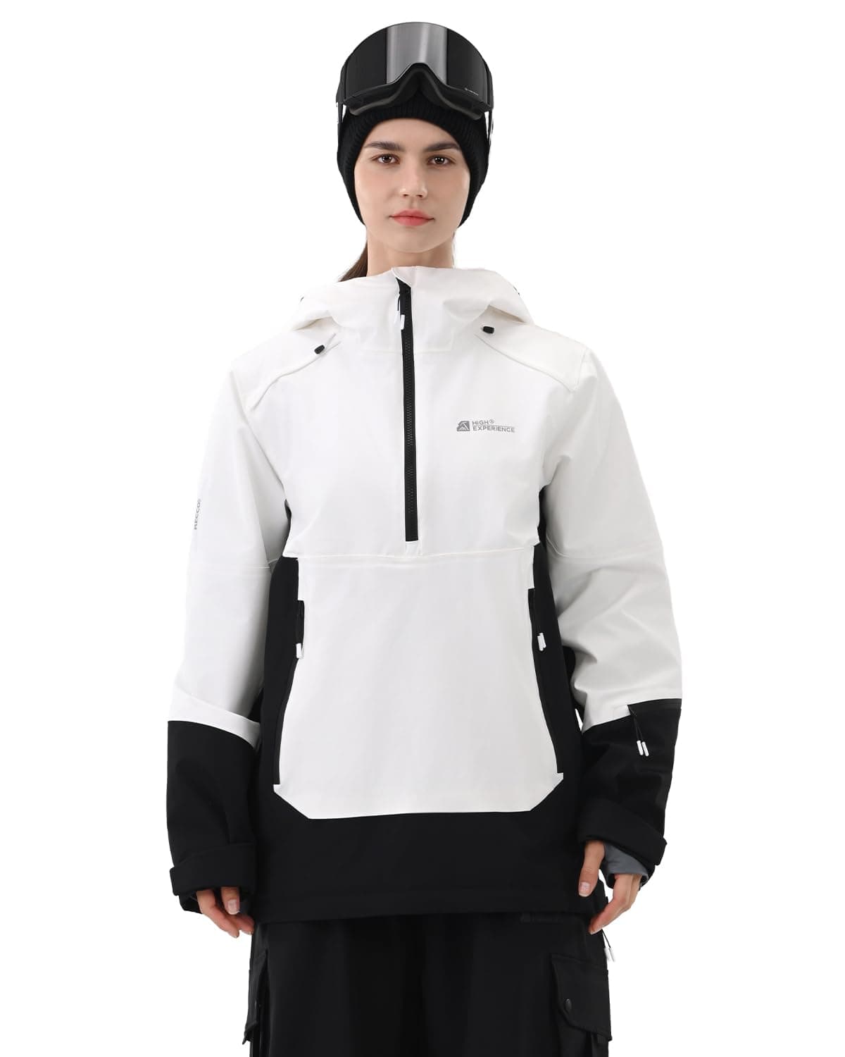 HIGH EXPERIENCE Ski Jacket Women with Recco 3L Snowboard Anorak Pullover Baggy Coat Hooded Insulated Hoodie Waterproof Warm (US, Alpha, Medium, Regular, Regular, White Black)