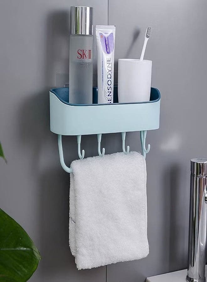 Wall-Mounted Bathroom Shelf with Hooks Blue – Multifunction Storage Organizer Pack of 2