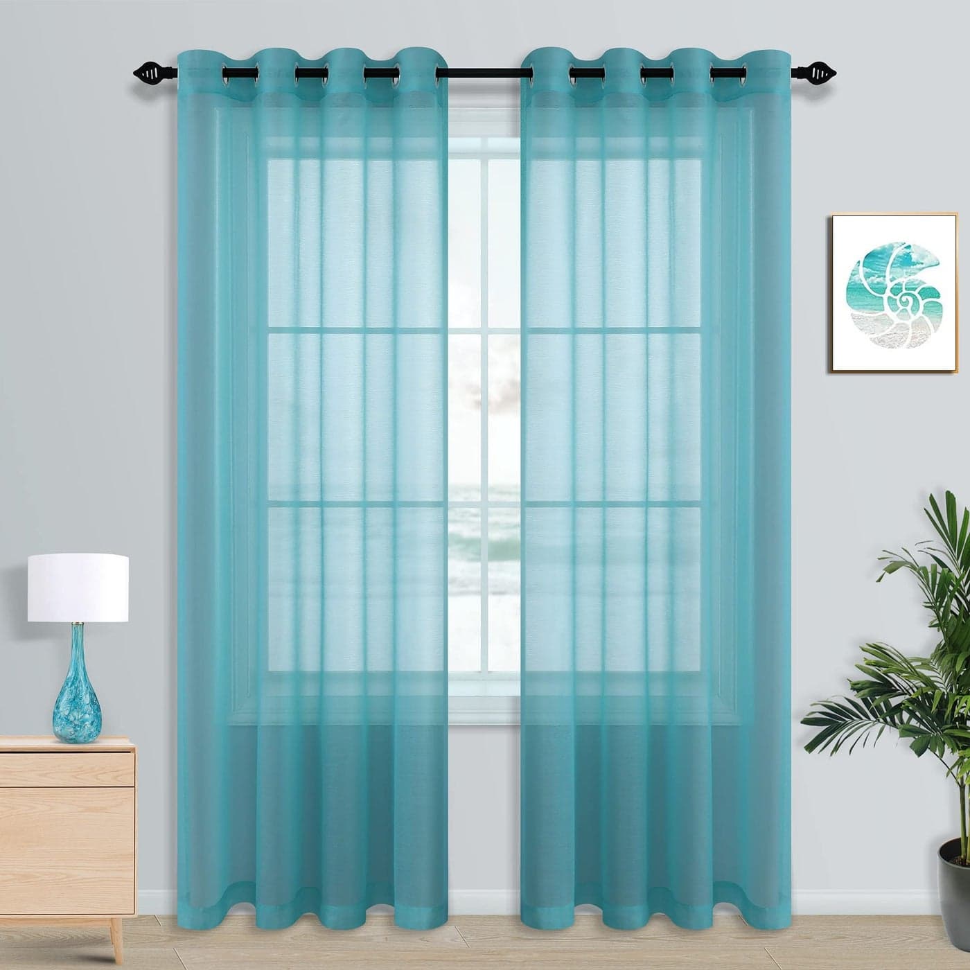 Summer Teal Curtains for Living Room 96 Inch Length Grommet Airy See Through Teal Blue Green Voile Sheer Curtains for Bedroom Patio Sliding Door Floor 8 Ft 96 Inches Long Ocean Decor Set 2 Panels