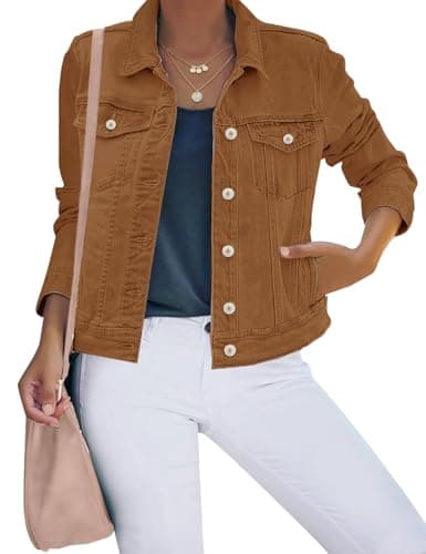 luvamia Women's Classic Casual Long Sleeves Jacket Basic Button Down Trucker Jacket Jackets for Women Coat Brown Size Small Fits Size 4-6