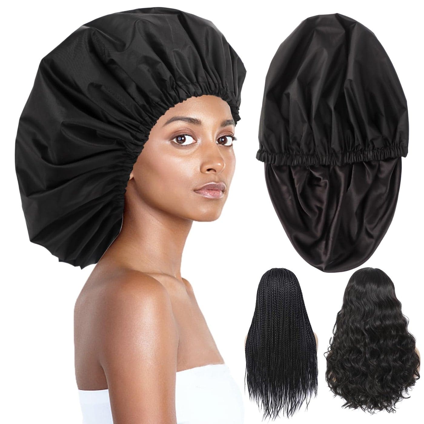 Adjustable Shower Caps for Women Reusable Waterproof Satin Lining Extra Large Shower Cap for Women and Men Long Hair Braids Curly Hair XlBlack