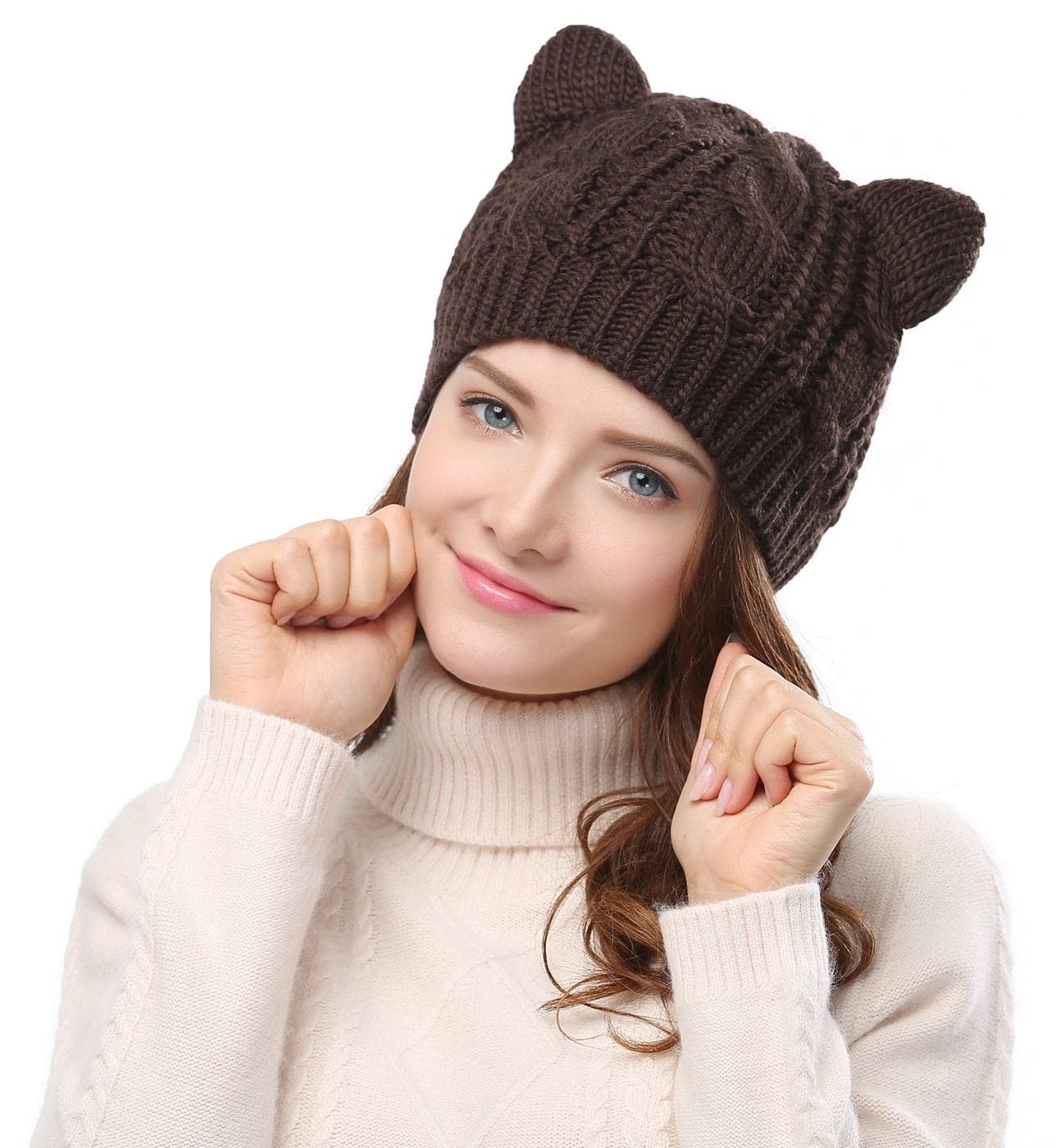 Women's Hat Cat Ear Crochet Braided Knit Caps,Coffee