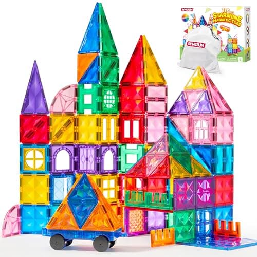 SYNCFUN 110PCS Magnetic Building Tiles 3D Magnet Tiles with Vehicle Construction Blocks Set for Kids STEM Sensory Learning Educational Toys Birthday Gift for 3 4 5 6 7 Year Old