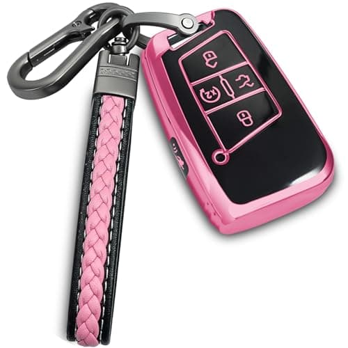 Yonmcfn for Volkswagen key fob cover with metalleather keychainTPU 5 Buttons Key casecompatible with Tiguan Atlas Jetta Passat Golf Alltrack Remote smart Keycar Key AccessoriesPink