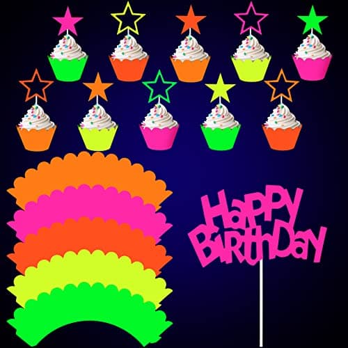 Dianelhall 41 Pcs Glow in The Dark Neon Cupcake Toppers Party Decorations Happy Birthday Cake Topper Cupcake Wrappers and Star for Wedding Glow Party Decoration Supplies Black Light Reactive
