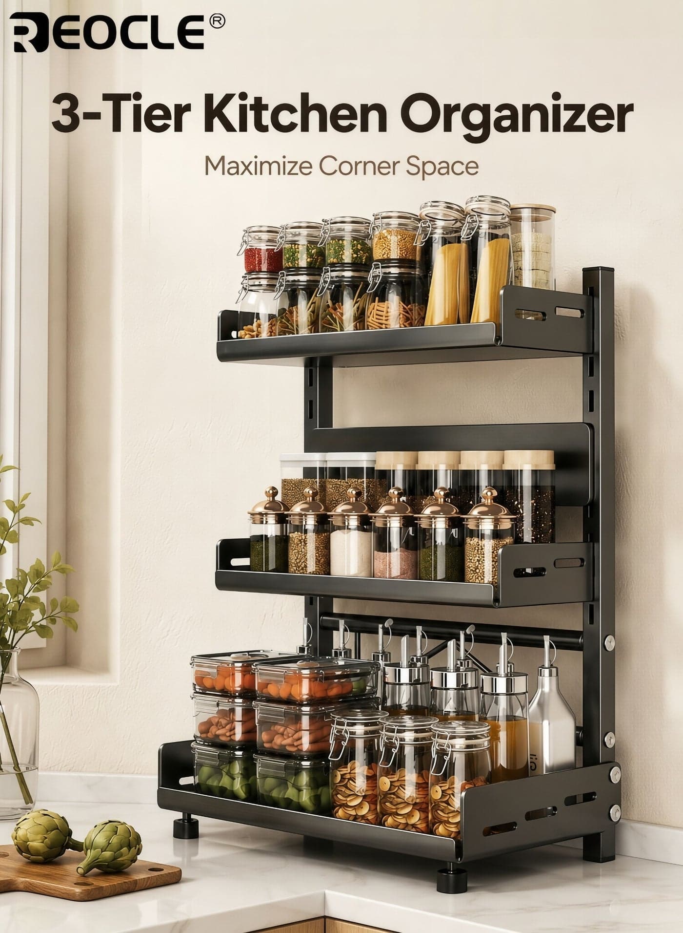 3-Tier Steel Spice Rack for Kitchen Countertop Versatile Layered Organizer for Spice Storage Ideal for Home Kitchen and Restaurant Use