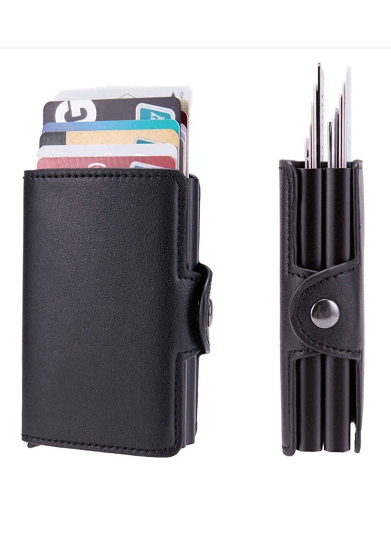 Black PU Leather Aluminium Slim Secure ID Wallet RFID Blocking Credit Card Holder with Auto Pop Up for Men Women Holds 14 Cards Money Clip Slim Card Holder