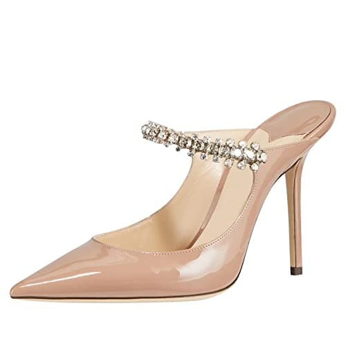 MIRAAZZURRA Women Heeled Mules Rhinestone Strappy Pointed Toe Mules Stiletto High Heels Slip On Bridal Sandals for Women 4 inches US Size 8 Nude
