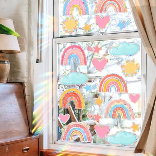 Dazzling Rainbow Cloud Window Stickers, Double-Side Glass Decals Shiny Rainbow Prism Window Clings for Mirror Glass Display Shop Office School Supplies Reusable