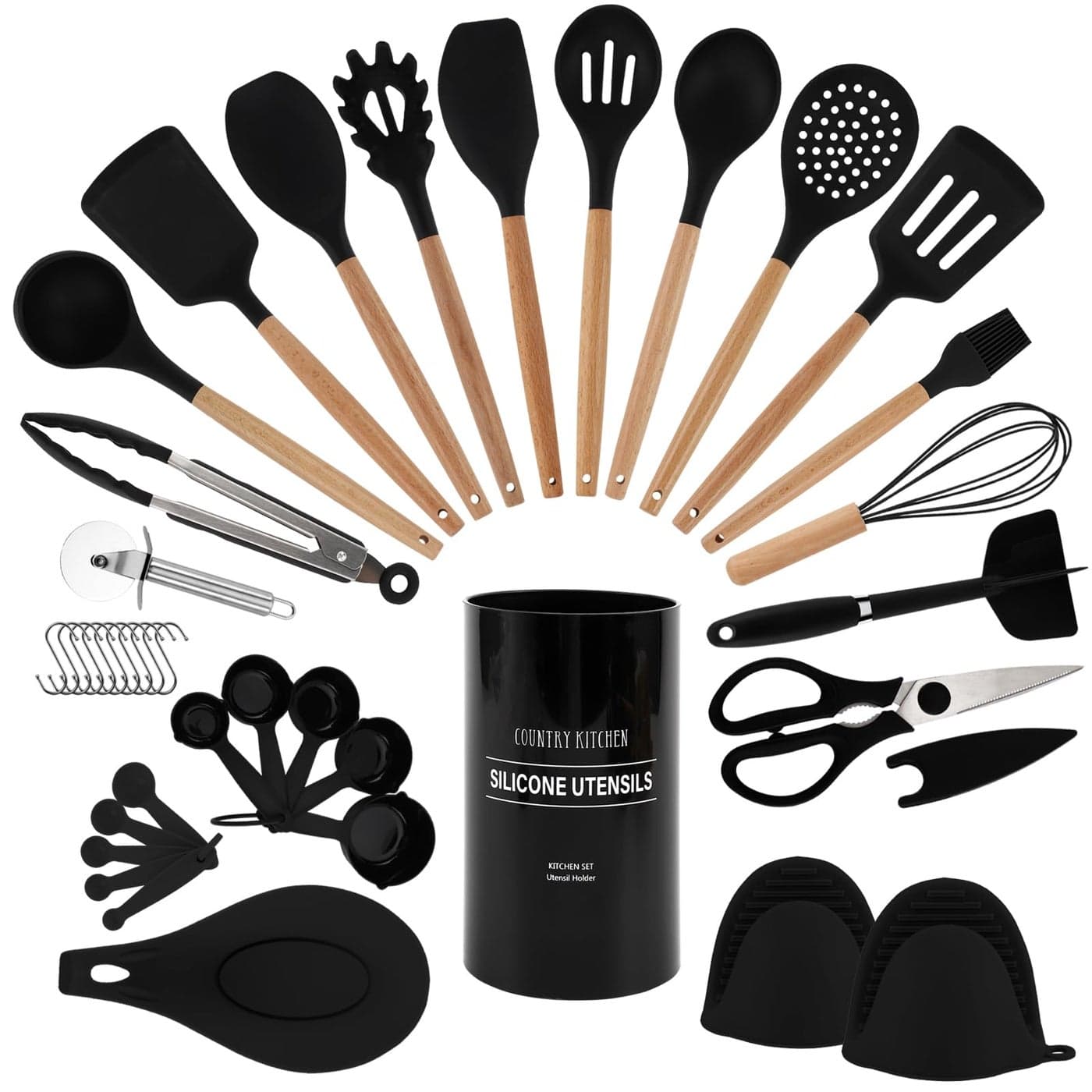 Country Kitchen Non Stick Silicone Utensil Set with Rounded Wood Handles for Cooking and Baking 38 Piece Set Black