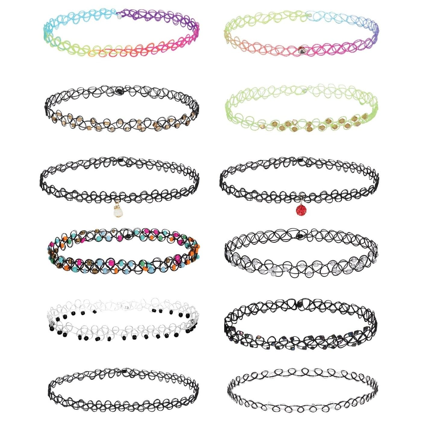 BodyJ4You 12PC Tattoo Choker Necklace for Women - 90s Choker Necklaces Fashion Trend - Emo Black Choker Rainbow Disco Ball Charms Neon Green White