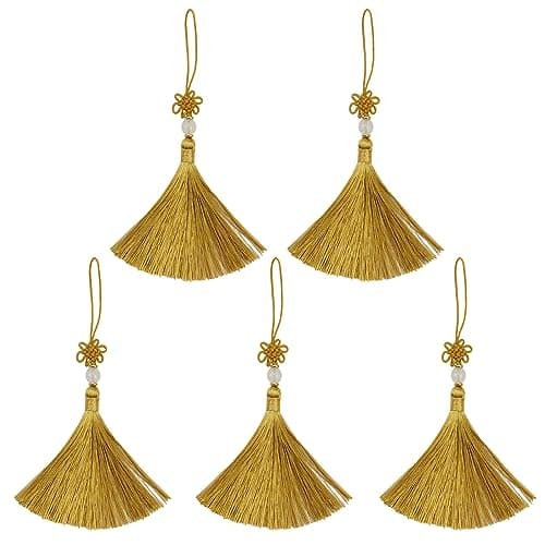Dnyta Craft Tassels with Hanging Loops 5 Pcs Nylon Ice Silk Tassel Decorative Chinese Knot Mini Tassels for DIY Jewelry Making Door and Car Handing Decoration Handicrafts Gold