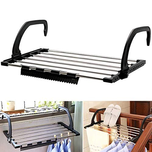 PERDANT Foldable Cloth Drying Rack Towels Clothes Laundry Hangers 6 Rail Bar Holder Stainless Steel Adjustable Cloth Dryer Stand Shoe,Socks Hanging Rack Blacony Window Airer Stand with Clips