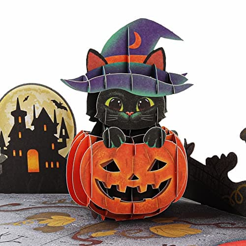 Liif Halloween Pumpkin Black Cat 3D Greeting Pop Up Card, Halloween Card, Cute, Kitten, Trick Or Treat | With Message Note & Envelop