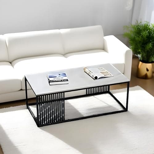 CREATIVE SKILLS Open Rectangle Table Marble Look Coffee Table with Metal Frame, Center Table for Living Room or Reception Room -Black White