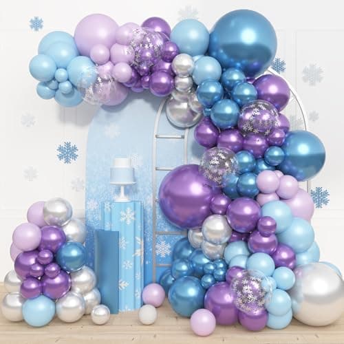 Amandir 153pcs Blue Purple Balloon Garland Arch Kit Different Sizes 18 12 10 5 inch Blue Purple Pearlescent Metallic Confetti Snow Balloons for Princess Winter Wonderland Girl Baby Party Decorations