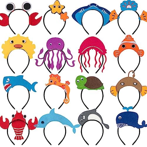 16 Styles of Felt Fabric Headband for Under The Sea Party Decorations Ocean Animal Themed Party Favors Beach Pool Mermaid Zoo Parties Supplies Kid Birthday Dressup Hair Hoop Halloween Costumes