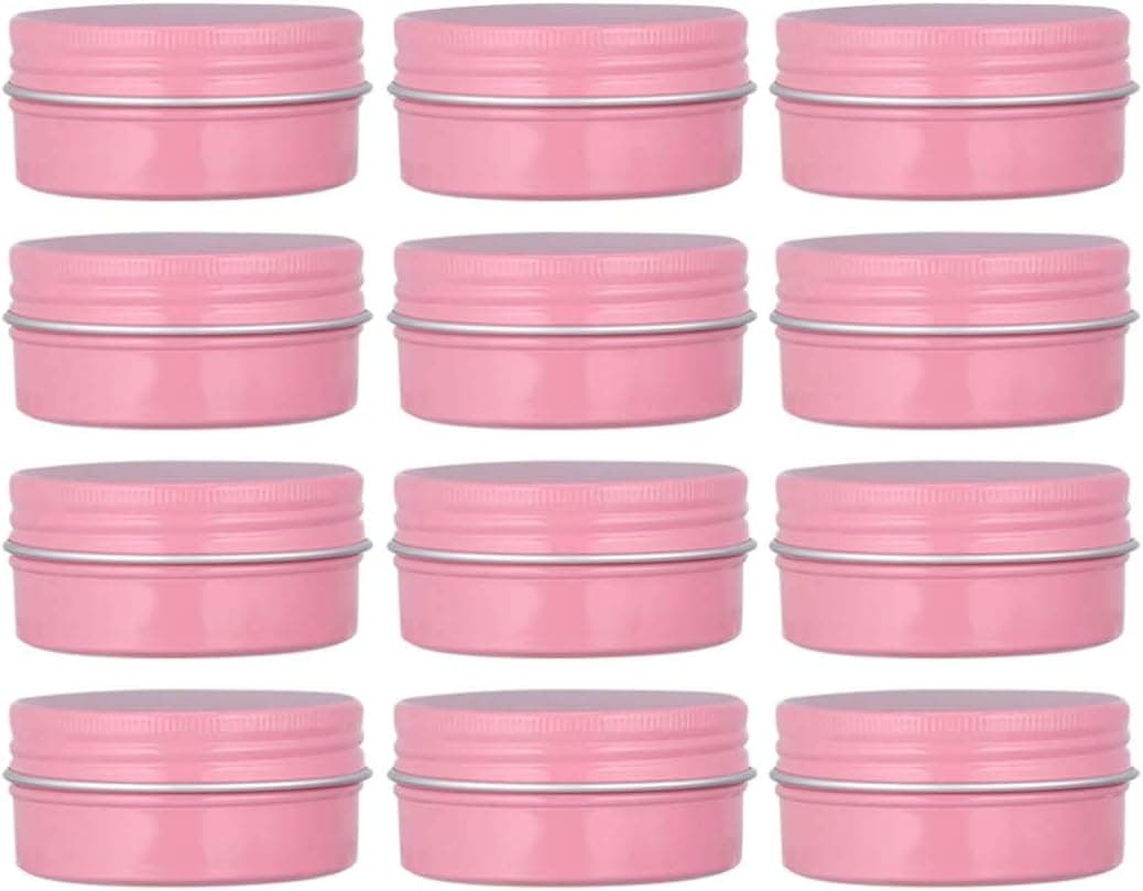 12 Pack 2 Oz Pink Round Aluminum Tin Cans Metal Steel Tins with Screw Top Lids Travel Storage Tins Cosmetic Sample Containers Jars for Lip Balm Salve Spice Candies Crafts Tea(60ml)