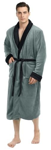 NY Threads Mens Robe, Luxury Plush Fleece Mens Bathrobe, Spa Bath Robe for Men, Large-X-Large, Steel Grey Black