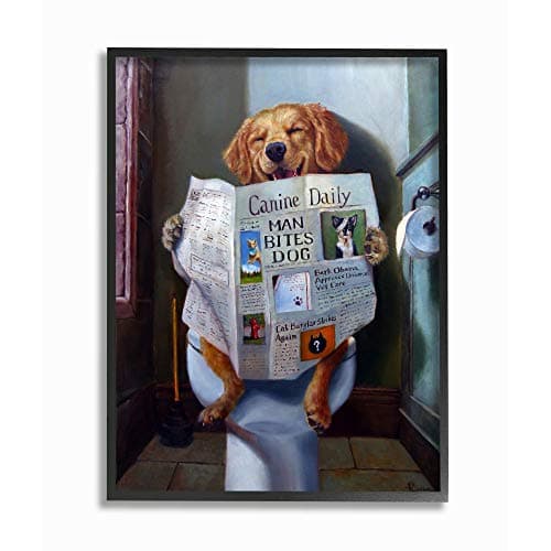 Stupell Industries 'Dog Reading Newspaper On Toilet', Framed Giclee Art, Black, 11 x 14 Inches, Easy to Hang and Sturdy, Made in USA, by Lucia Heffernan