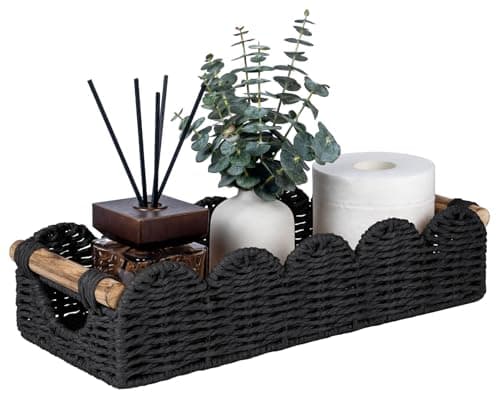 CubesLand Bathroom Basket Organizer wCut Out Handle Back of Toilet Paper Storage Baskets Tray for Bathroom Countertop Decorative Scalloped Wicker Basket Also for Home Decor Living Room Black