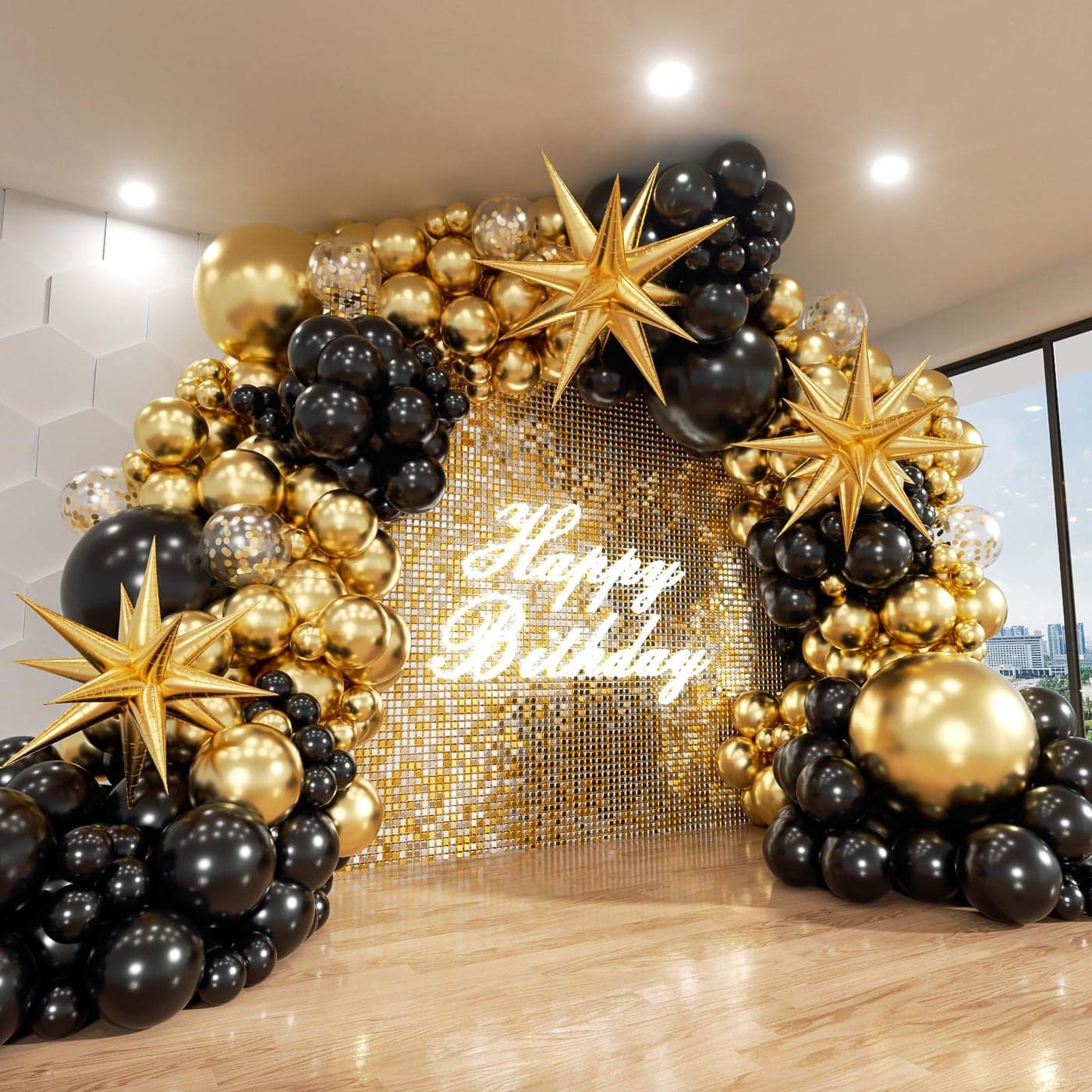 ADOINBY Black and Gold Balloon Arch Kit 140Pcs Explosion Star Black and Metallic Gold Balloons 22 18 12 10 5 Inch Different Size Balloons for Birthday Anniversary Graduation New Year Decorations