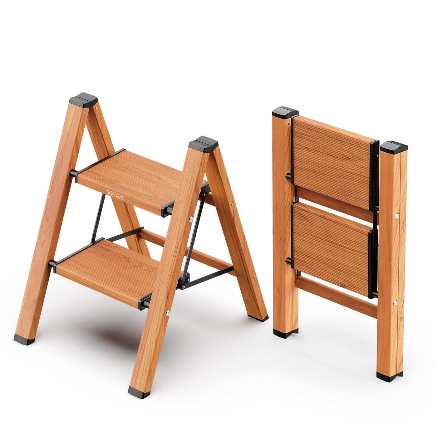WOA WOA 2 Step Ladder Foldable Step Stool Aluminum Lightweight Ladder for Home Kitchen Closet AntiSlip Pedals Ease of Folding Portable 300lbs Capacity Wood Grain