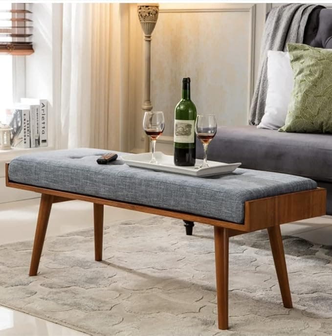 Jdav MidCentury Modern Upholstered Bench Grey Linen Fabric Wooden Legs Living Room Ottoman
