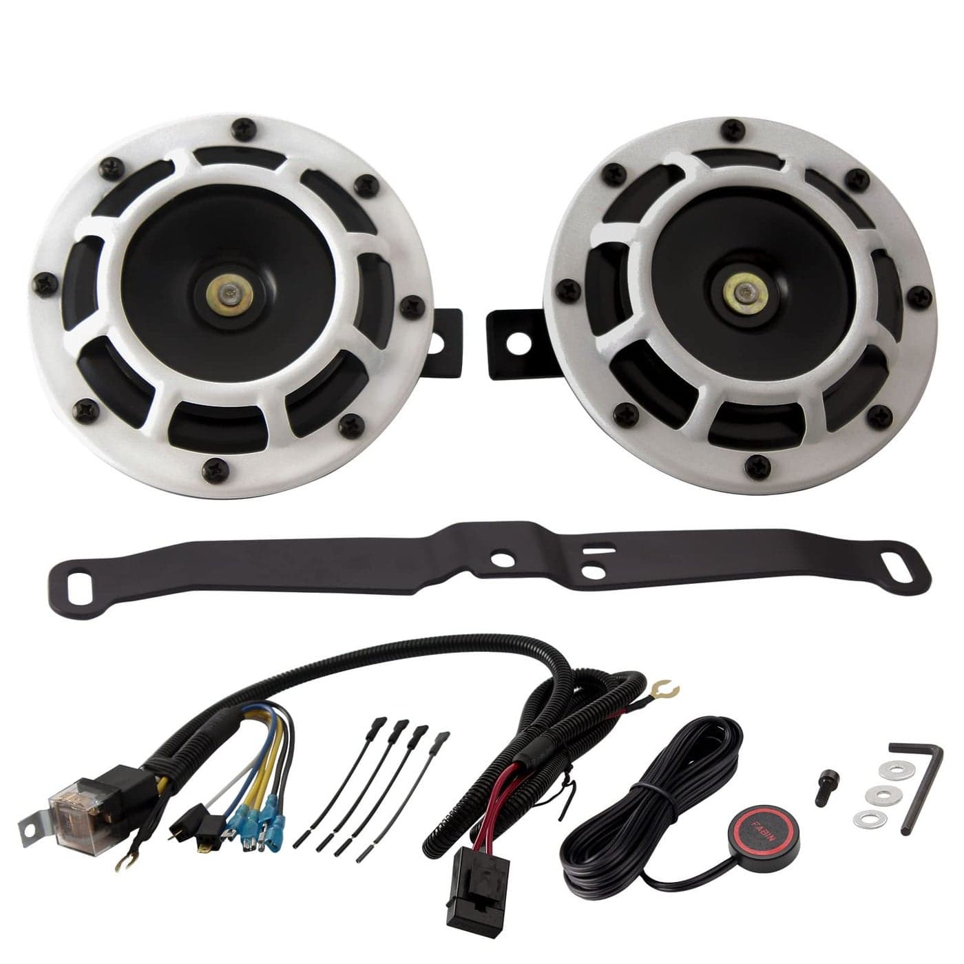 FARBIN Train Horn for Car Metal Twin Horns Kit with Relay Harness and Button BoltOn Mounting Bracket Compatible with Subaru WRX STi white horn with wire button and bracket
