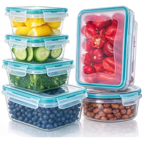 KITCHENACE,Modernise your living, Fridge Storage Containers Set, Plastic Kitchen Storage Box with Lid to Keep Vegetables and Fruits Fresh in the Refrigerator Snap-Seal (6-Pc) Turquoise,Transparent