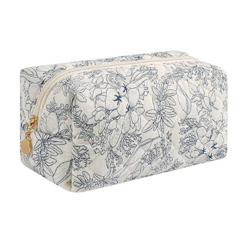 HHQQWZ Makeup Bag Travel Cosmetic Bag for Women Girls, Zipper Make Up Pouch, Floral Flowers Toiletry Organizer Makeup, Portable Storage Bag, Cosmetic Travel Cloth Bag (Navy Blue Flower)