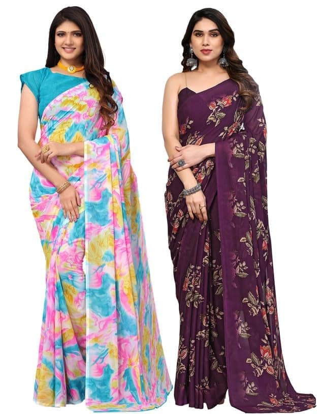 SIRIL Women's Georgette Printed Saree With Unstitched Blouse Piece Combo Pack Of 2 (2571S992_3289S111_Multi & Wine)