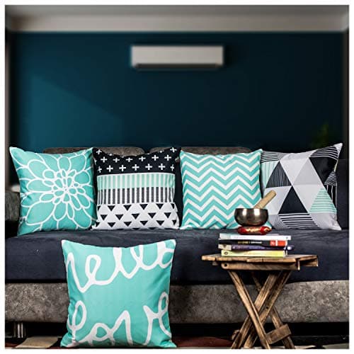 Vendola Aero Blue Decorative Printed Satin Cushion/Throw/Pillow Covers (Multicolour) Set of 5 Pieces (16X16 Inches, Aero Blue)