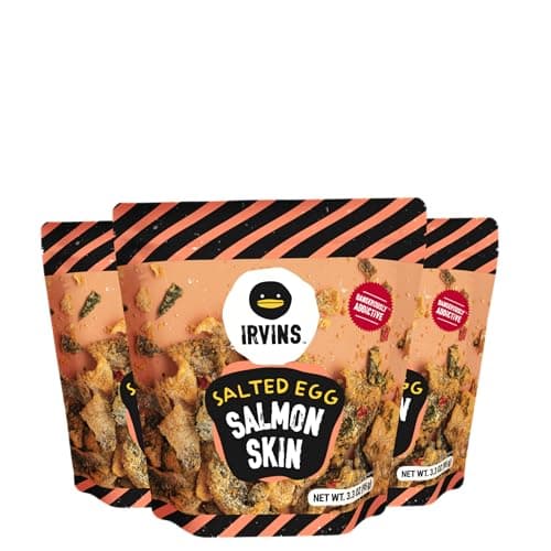 IRVINS Salted Egg Salmon Skin Chips Crisps | Premium Hand Cooked | Halal | High Protein | Keto-Friendly | 3.7 oz (Pack of 3)
