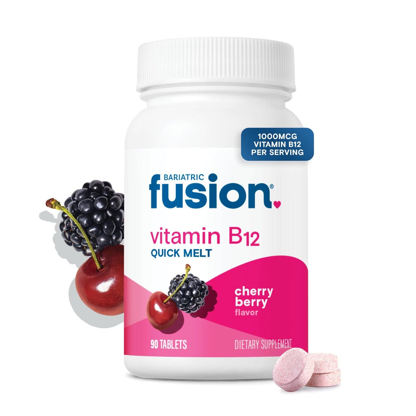 Bariatric Fusion Vitamin B12 Sublingual 1000 mcg Melts Cherry Berry Flavored Vitamin B12 Dissolve Under Tongue Tablets with Folic Acid Sugar Free Methylcobalamin 90 Count