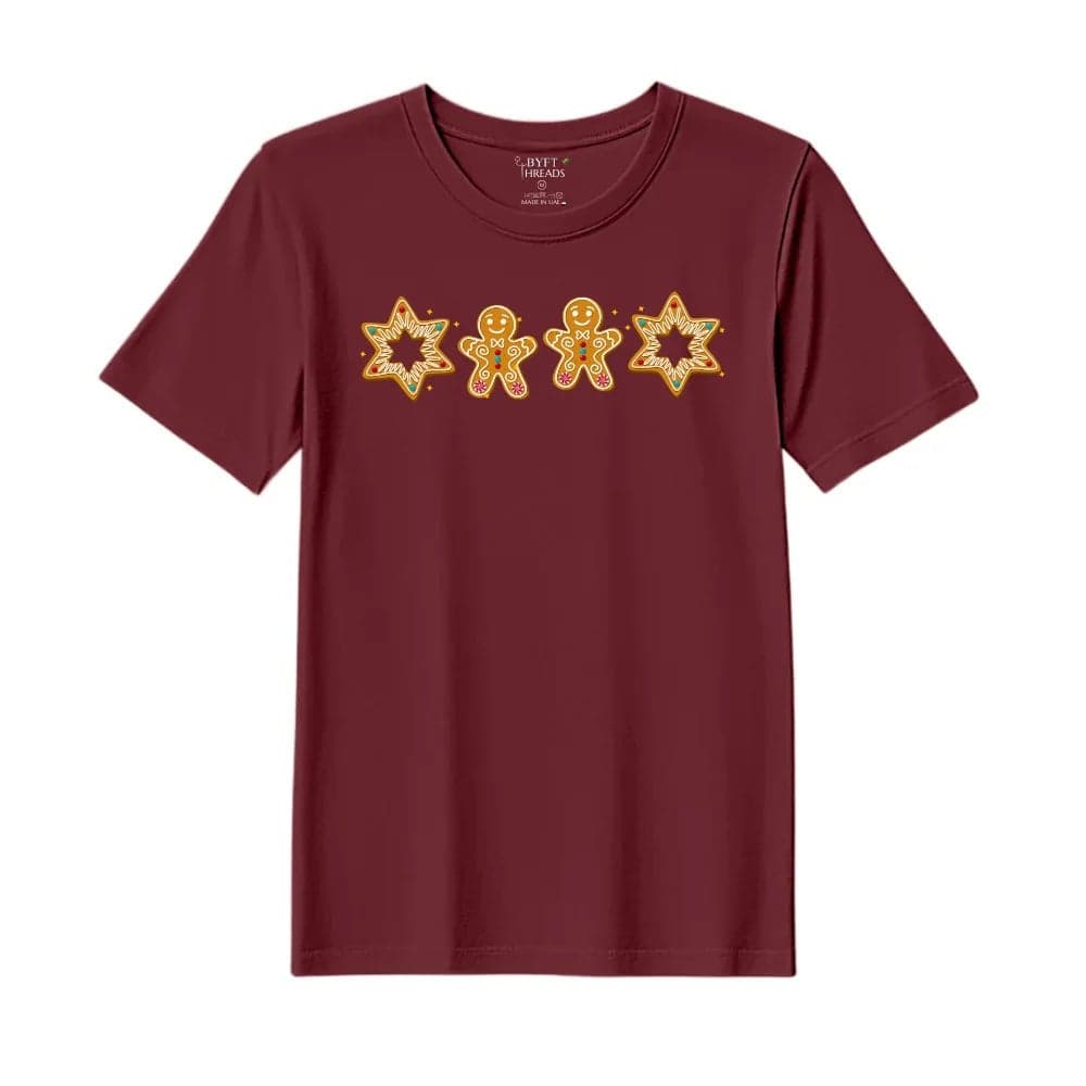 BYFT Threads Medium Pomegranate Polycotton T-Shirt - Christmas "Gingerbread Star" Printed Design, Premium Holiday Collection