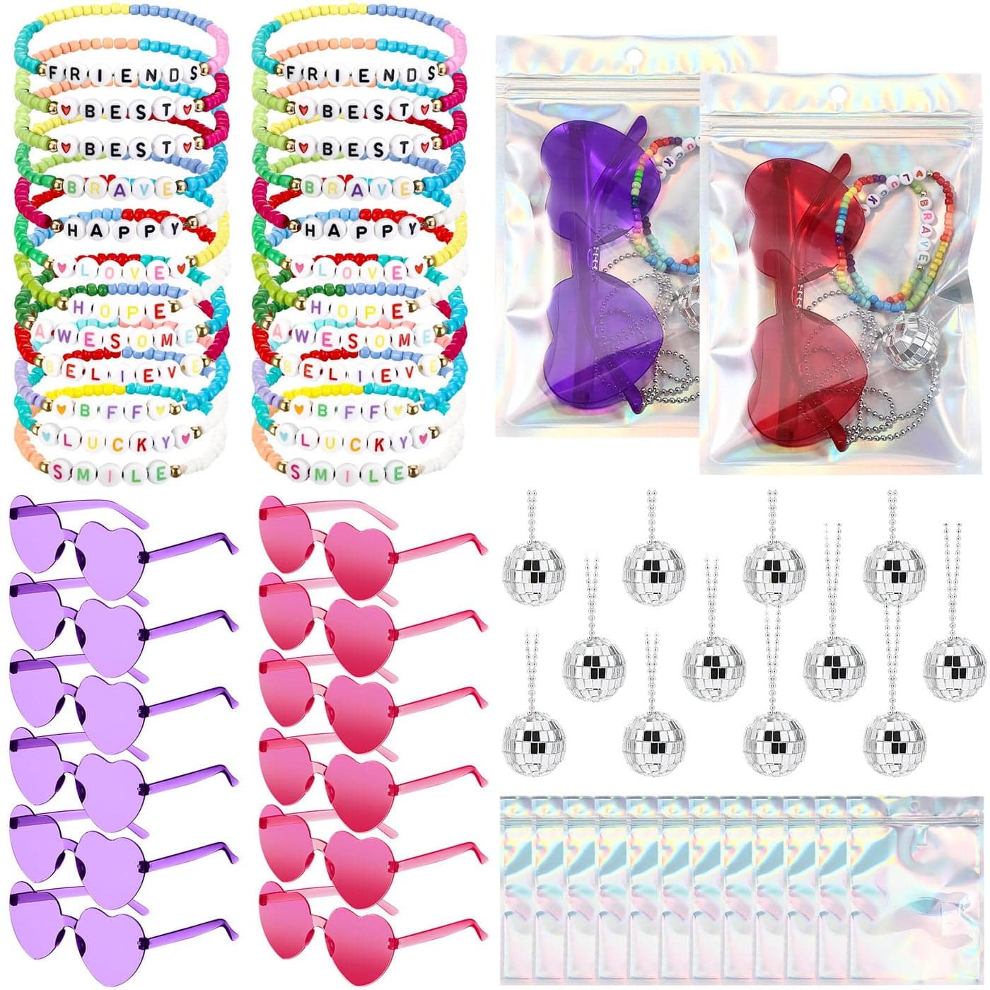 Landical 60 Pcs Friendship Party Favors 12 Sets Era Popular Singer Gift Sets Include Friendship Beaded Bracelets Disco Ball Necklace Heart Sunglasses Holographic Gift Bag for Y2k Fans Birthday