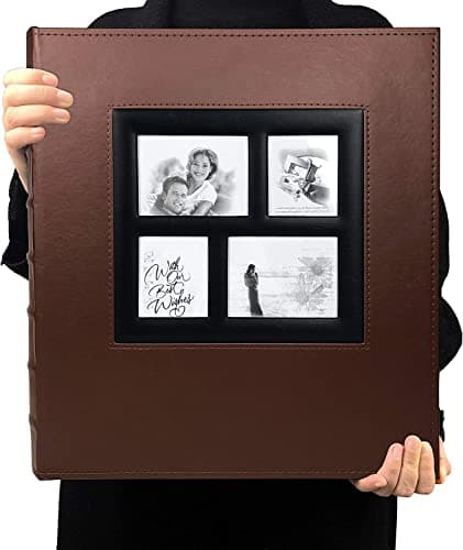 RECUTMS Self Adhesive Photo Album Scrapbook Album 60 Magnetic Double Sided Pages Leather Hardcover 13.3 x 13.4 (Inches) Large Leather Family Photo Albums with Sticky Page(Brown)