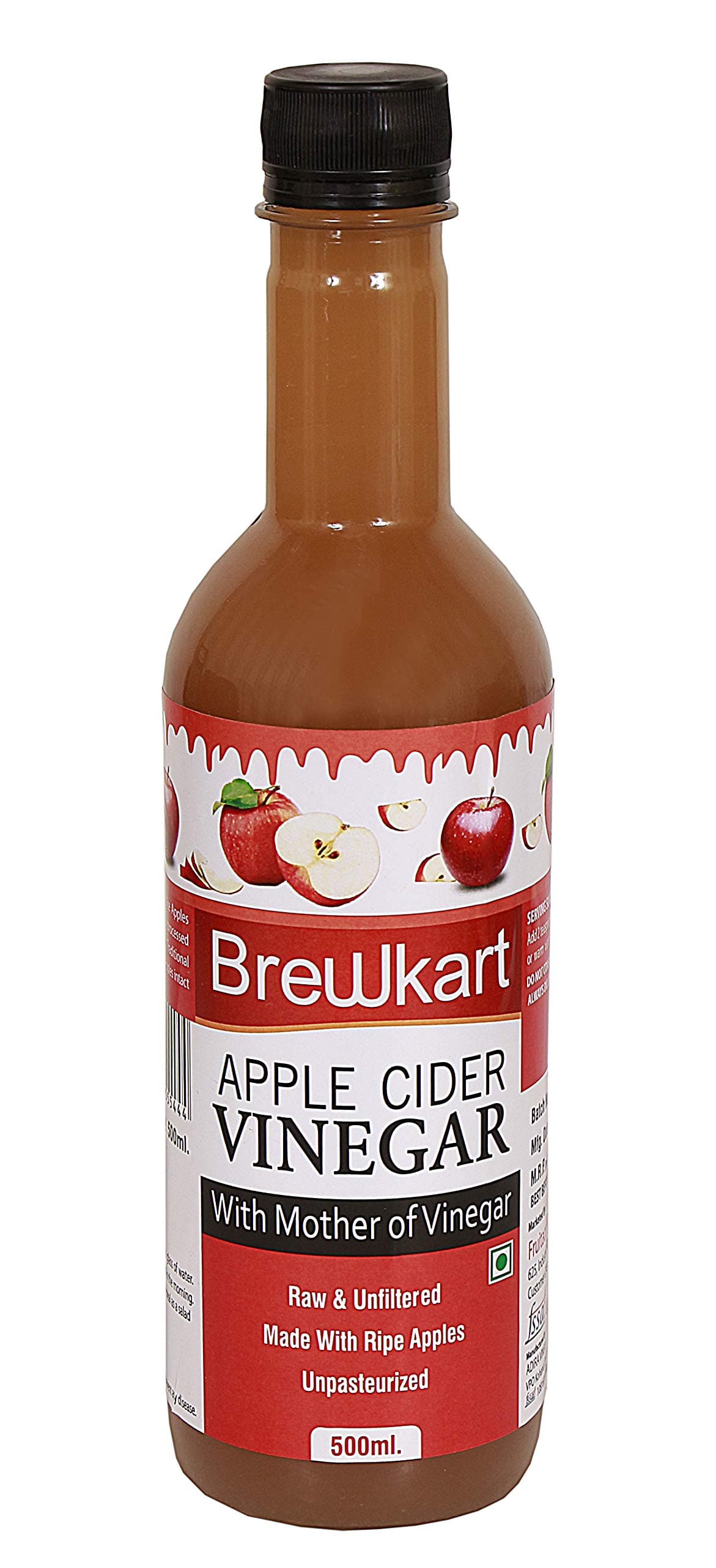 Brewkart Apple Cider Vinegar with Mother 500ml | Raw, Unfiltered & Unpasteurized | Natural Health & Wellness Support