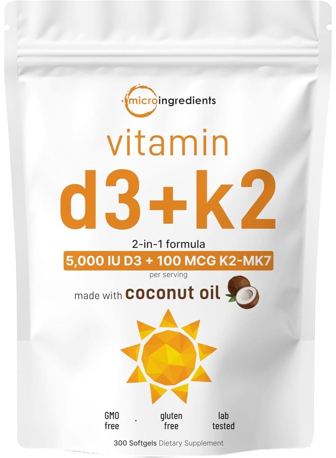 Vitamin D3 5000 IU Plus K2 (MK-7) 100 mcg, 300 Virgin Coconut Oil Softgels | 2 in 1 Vitamins D & K Complex | Supports Calcium Absorption, Bone, Immune, & Heart Health