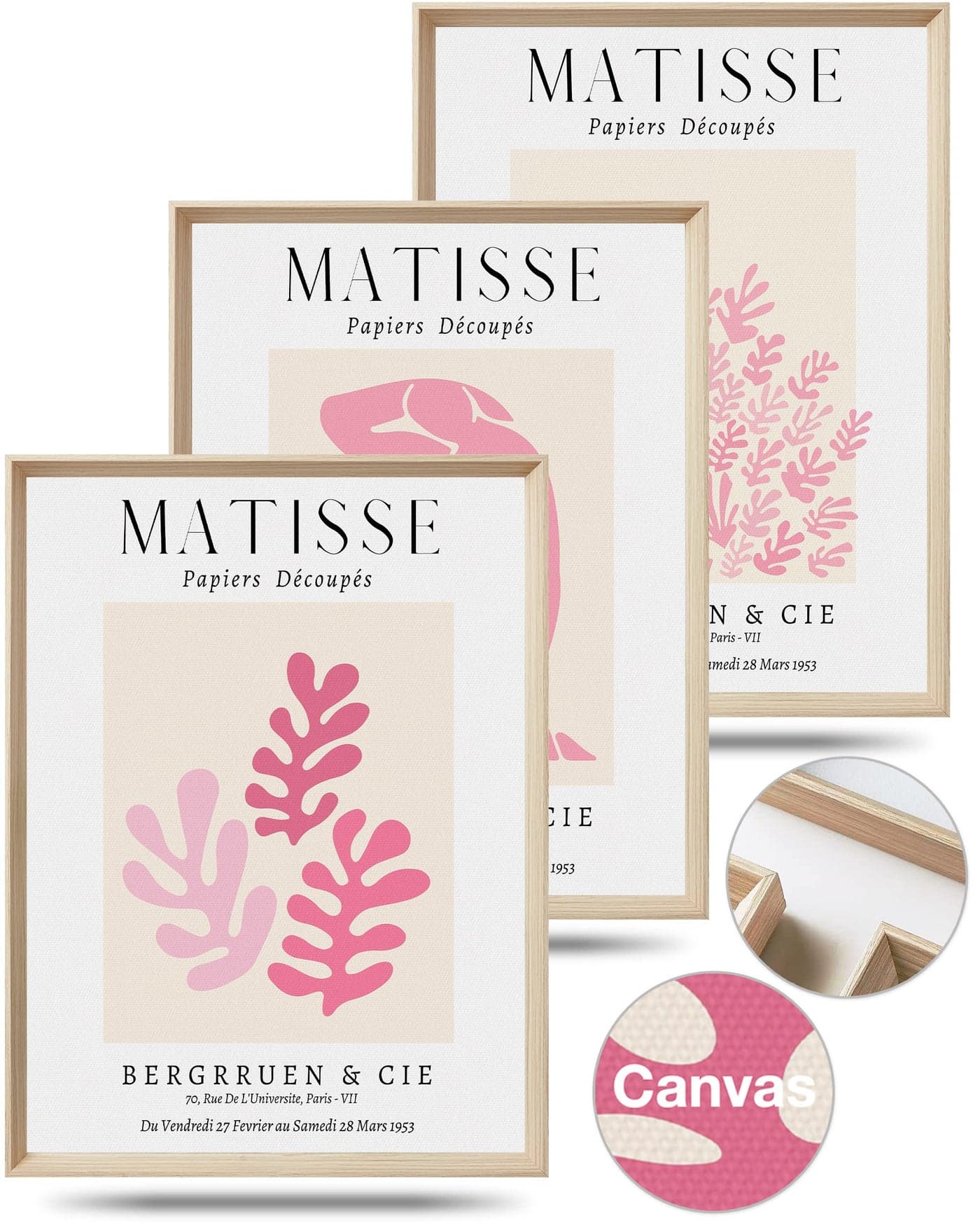 Framed Matisse Pink Canvas Wall ArtAbstract Matisse Canvas Wall Decor16x12IN High Framed Wood Design PrintsMinimalist Wood Frame Posters for Living RoomBedroomBathroom Set of 3