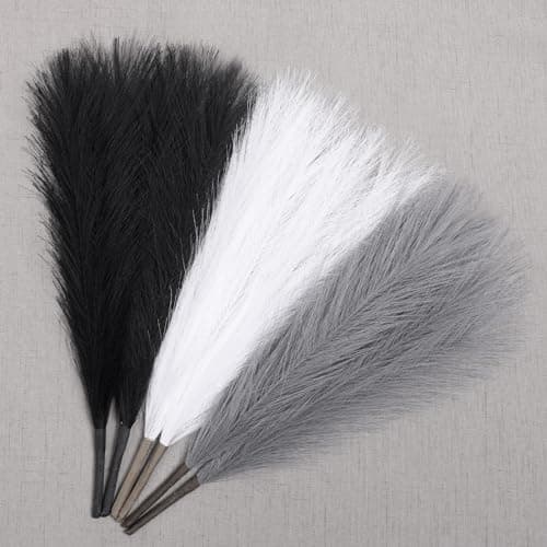 UREYMX Faux Pampas Grass Decor 17.7 Inch 6pcs, Artificial Pampas Grass Fluffy Home Decor, Short Vase Room Decor pompous Grass Flower Arrangement for Boho Home Wedding Decoration (Black,White,Grey)