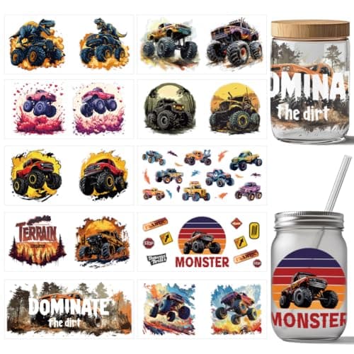 arricraft 10 Sheets Monster Truck UV DTF Cup Wrap for 16OZ Glass Colorful Dinosaur Fire Vehicle Rub on Decals Monstrous Mayhem Transfer Stickers for DIY Bottles Containers Car Body Men