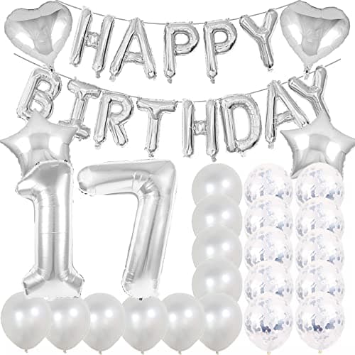 ZSNWGZ Sweet 17th Birthday Decorations Party SuppliesSilver Number 17 Balloons17th Foil Mylar Balloons Latex Balloon Decoration17th Birthday for WomenMenPhoto Props