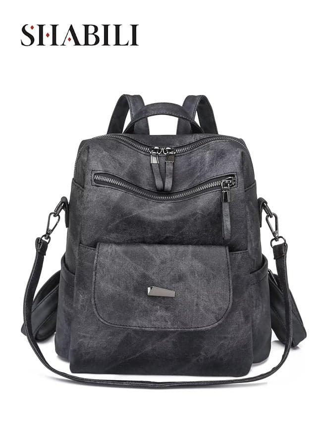Women PU Large Capacity Multi Pocket Waterproof Vintage Backpack College School Bag, Ladies Retro Laptop Back Bag with Adjustable Straps for Teenager Youth Daily Travel, Commute Ready (Black)