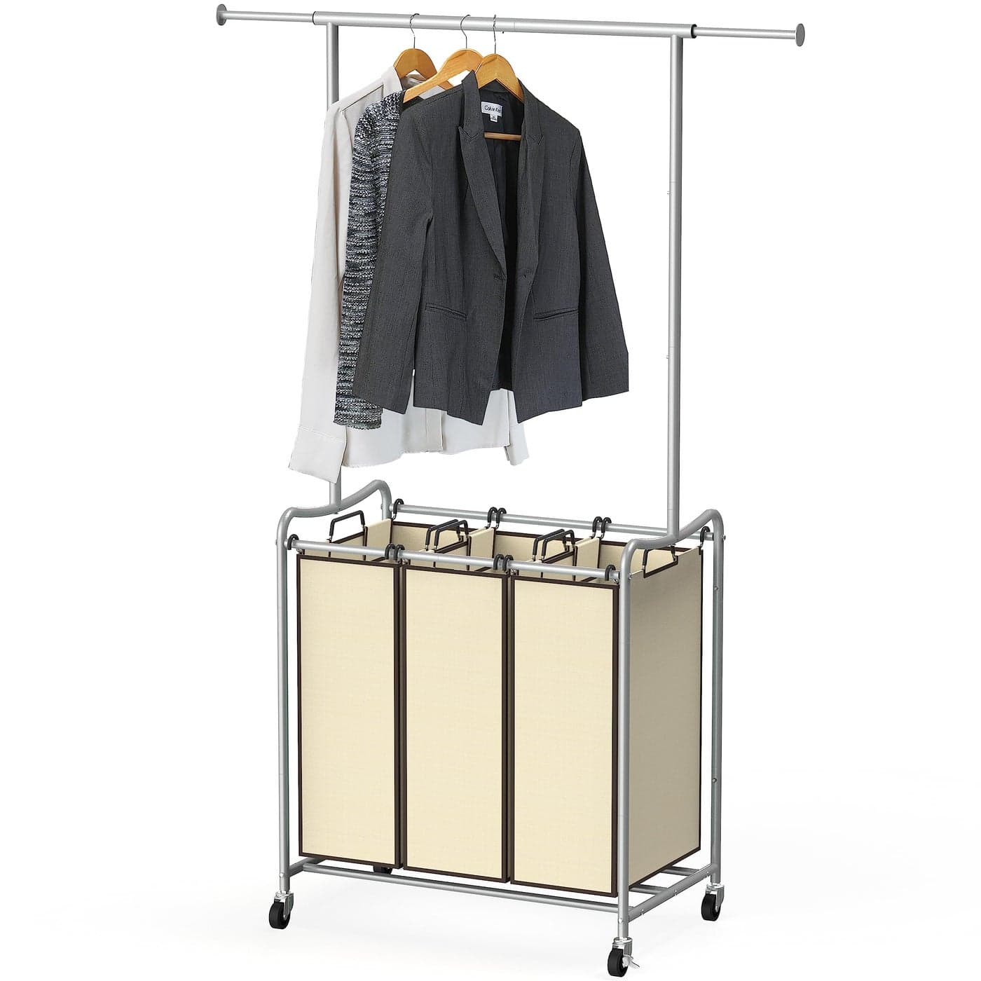 DecoBrothers Heavy Duty 3 Bag Extendable Laundry Sorter Cart with Hanging Bar Beige